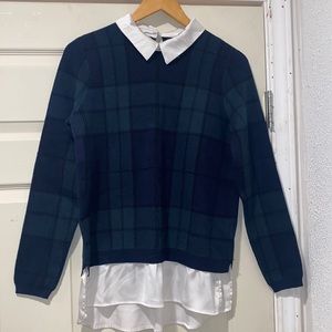 TAHARI Sweater Top Women's Plaid White Collar Layered Look. Size L